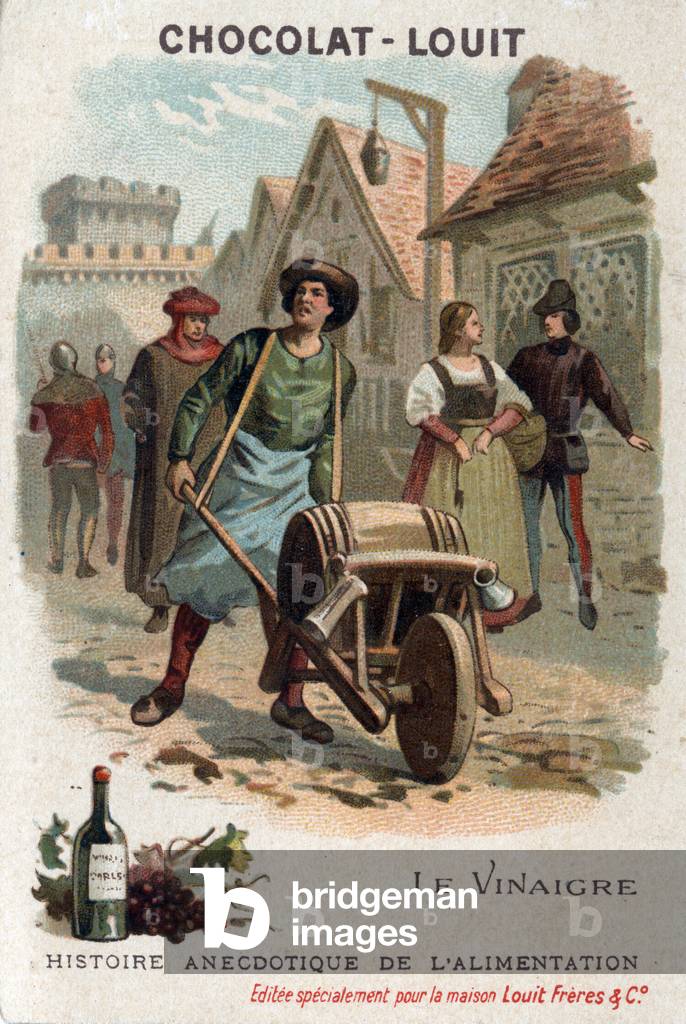 Anecdotal history of diet: vinegar. Travelling merchant dragging his barrel of vinegar. Chocolate-Louit chromolithography, late 19th century. Private collection.