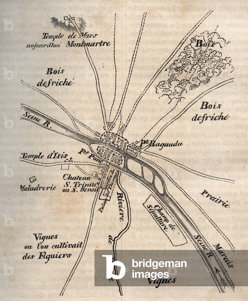 Plan of Paris under the Merovingians - Engraving in “” Physical, civil and moral history of Paris: from the earliest historical times to the present day” by Jacques Antoine Dulaure, 1853