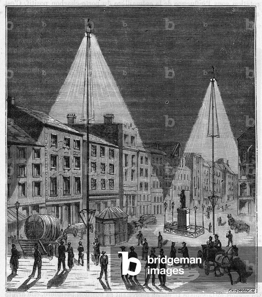 Electric lighting of the city of Norwich in England in the 19th century - Electric lighting of the city of Norwich in England in the 19th century - Engraving in “” Sciences available to all - popular physics and chemistry”” by Alexis Clerc - Late 19th century. Private collection.