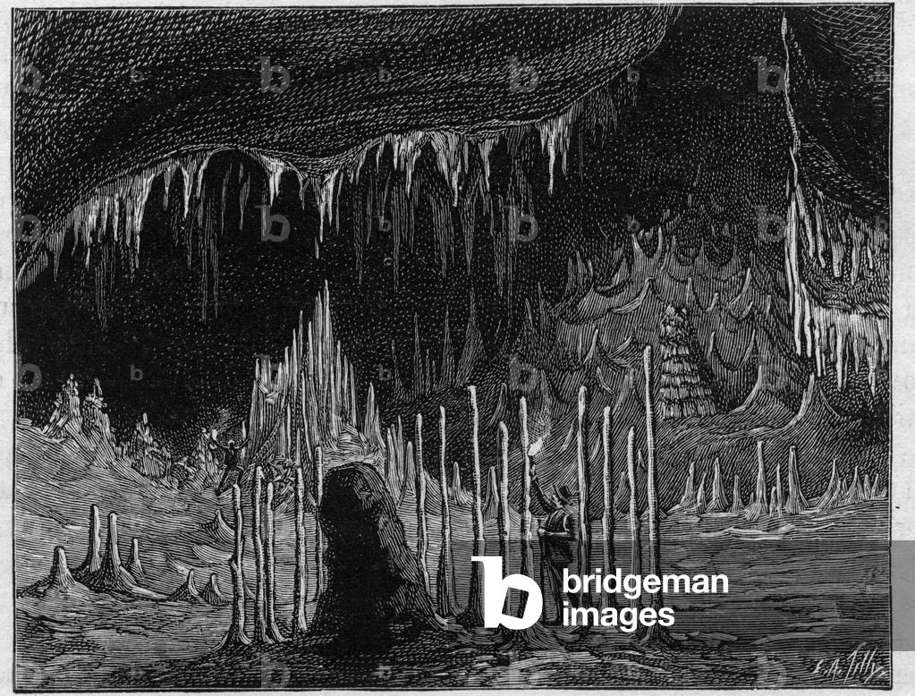 View of the “Hall of the Church”” in the cave of Dargilan (Lozere). Engraving in “” La Nature. Revue des sciences et de ses applications aux arts et a l'industrie”, 1889.