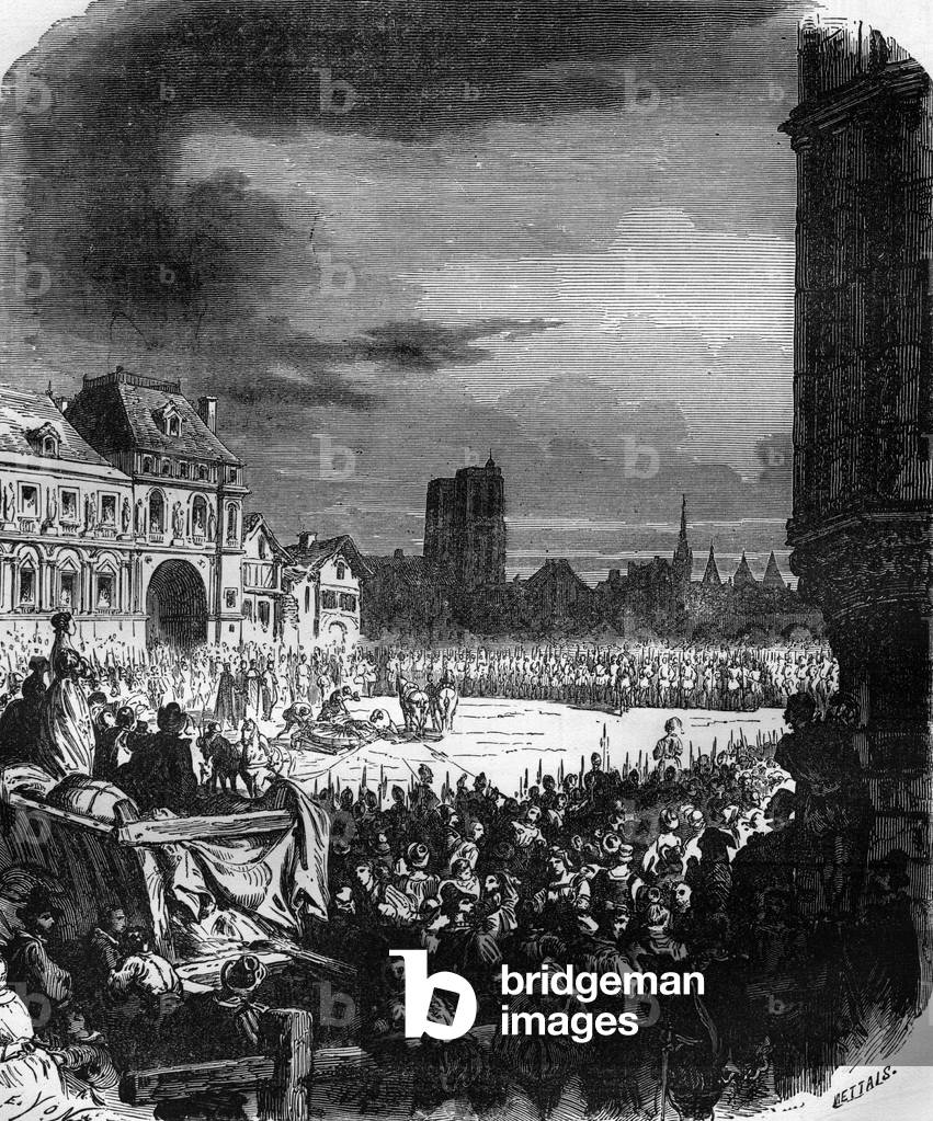 Punishment of Francois Ravaillac (1578-1610) assassin of King Henry IV (1553-1610) on Place de Greve in Paris 
