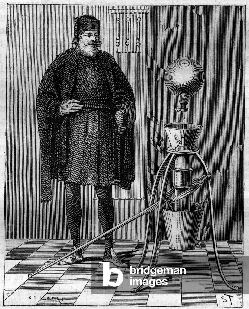 Invention: Pneumatic machine by Otto de Guericke (Otto de Guericke) (1602-1686), German inventor. Engraving in “” La Nature””, 1878. Private collection.