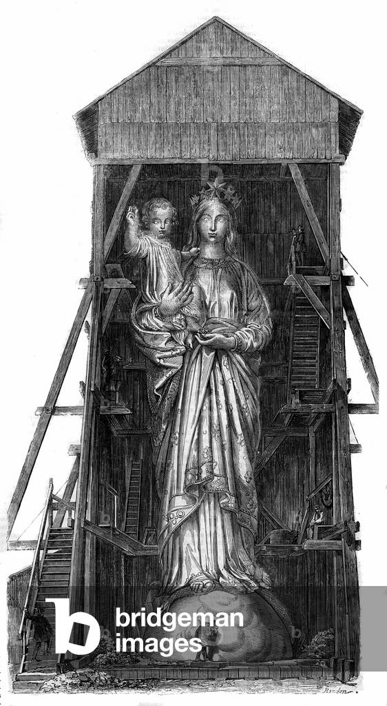Statue of Notre Dame de France at Puy en Velay (Puy-en-Velay) in Haute Loire (43): model of the statue to be melted from the iron from the canons taken in Sebastopol. The statue was completed in 1860 and was 16m high. From a photograph. Engraving in “” Le Monde Illustré”” n°46 of 27 February 1858.