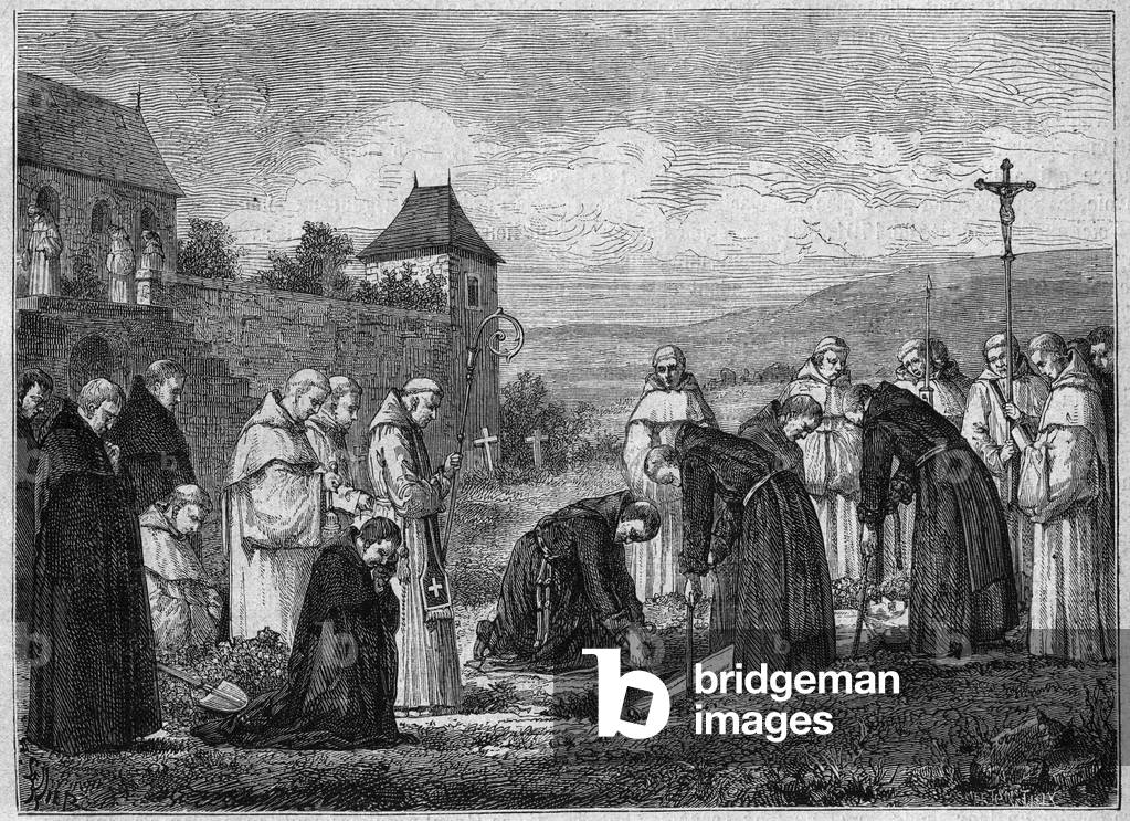 Burial of a Carthusian at the Abbey of Tamie in Savoy (Cistercian Community). Engraving from 1875.