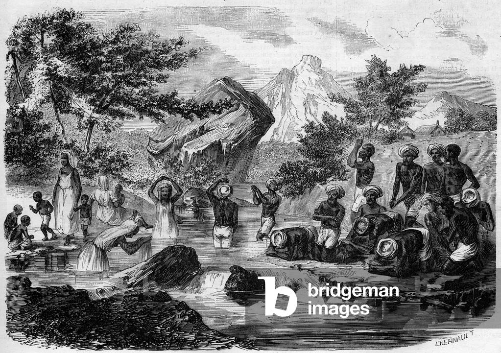 Hindu ritual: wudoo '. India, 1858. Engraving by Lhernault in “” Le Monde Illustré”” n°40 of January 16, 1858.