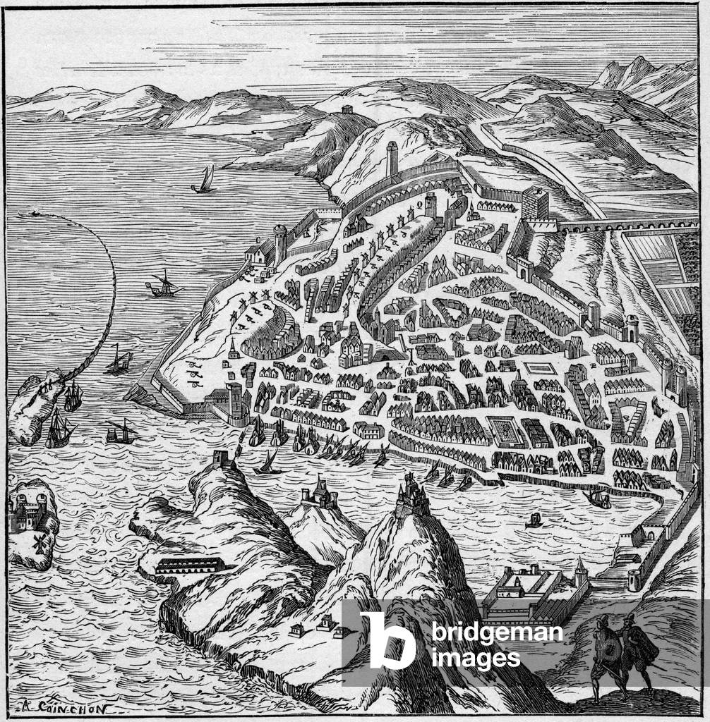 View of the city and port of Marseille in the 16th century. Engraving In “La Marine et les colonies: commerce”, 1888.