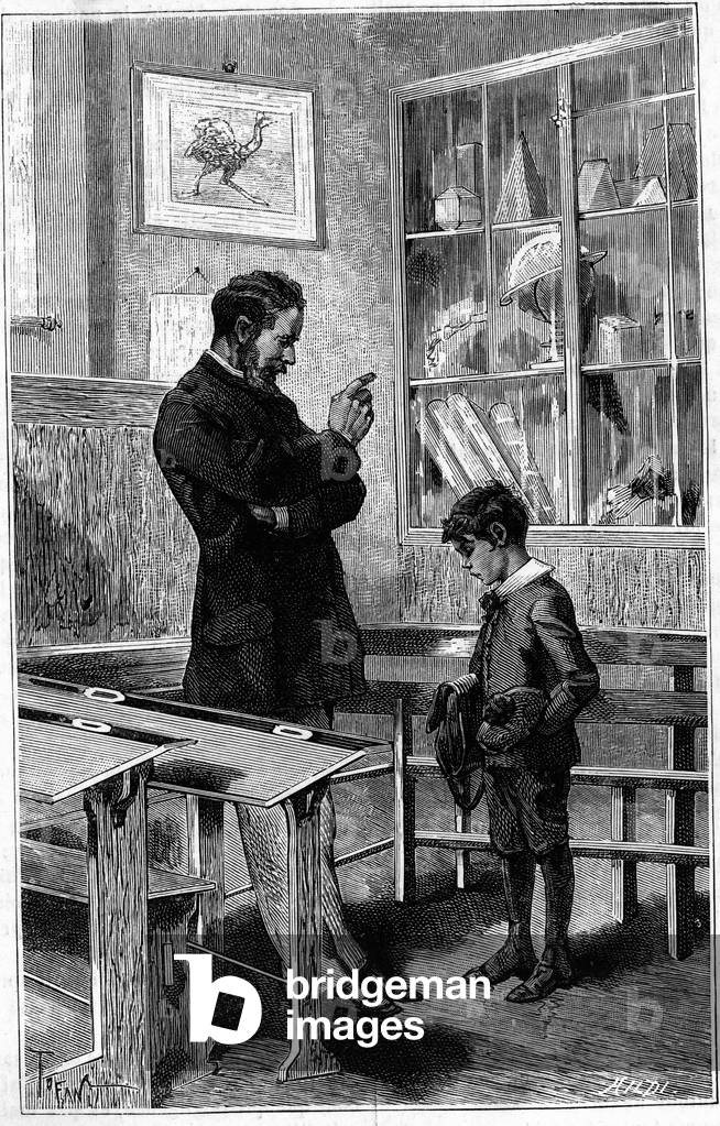 Andre Gaudry reprimands by his teacher. Engraving in “Le journal de la jeunesse””, 1884.
