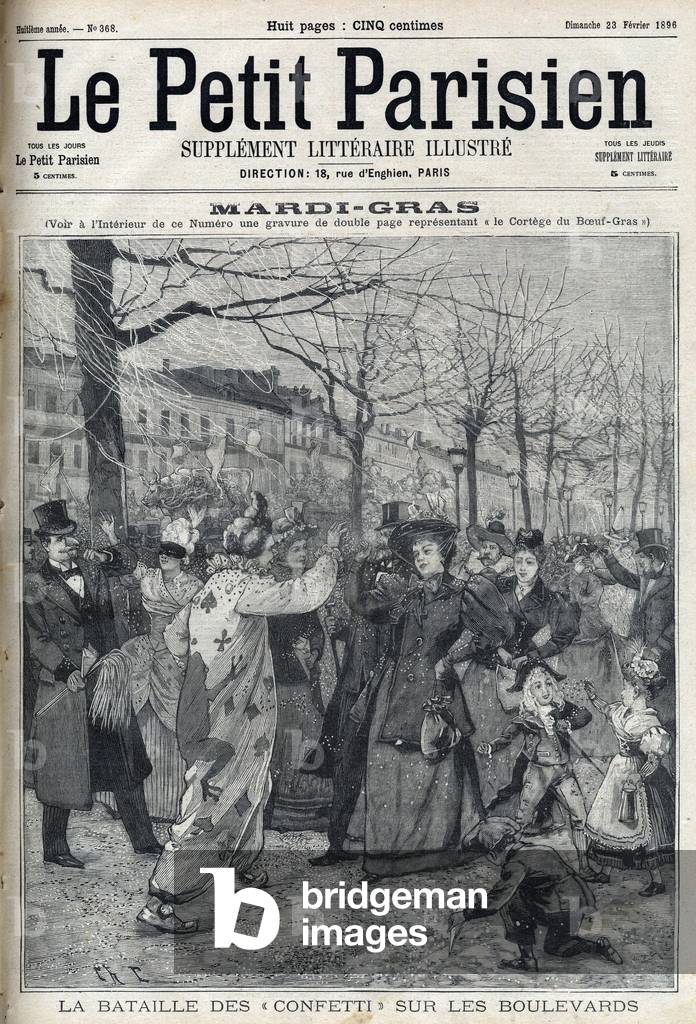 The battle of confetti on the Parisian boulevard during Mardi Gras (Mardi-Gras). Illustration in 