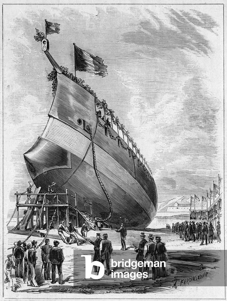 Launch of the armour ship “” La Galissonniere””, 7 May 1872 in the port of Brest, Finistere (29). Engraving in “” Le Monde Illustré”” n°789 of 25 May 1872.