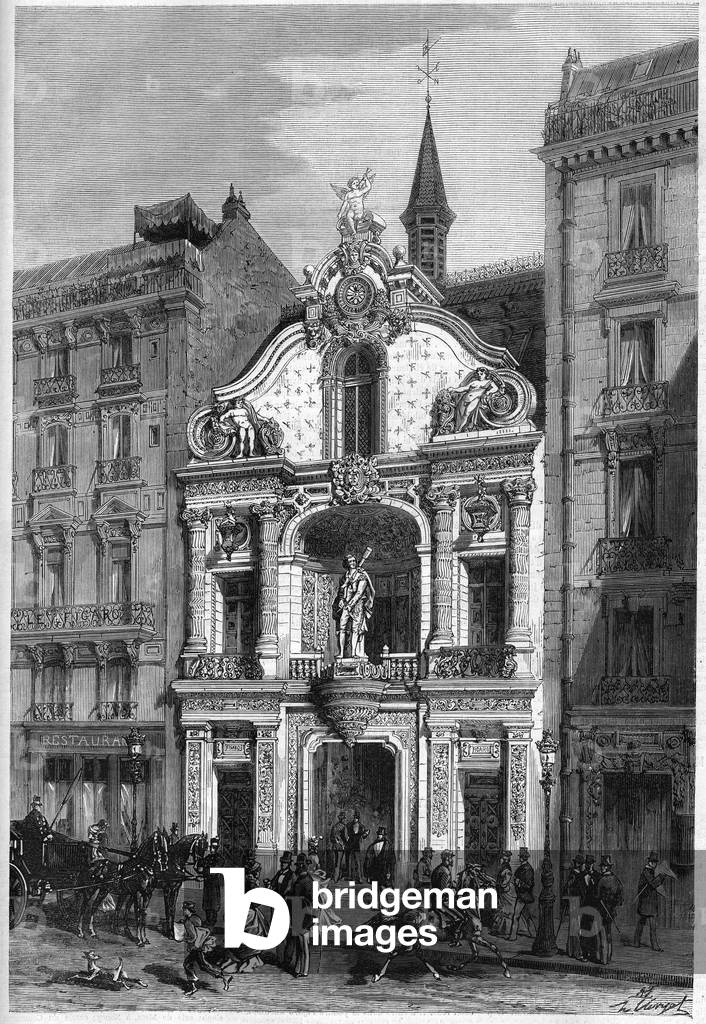 Exterior view of the hotel of the newspaper “” Le Figaro”” in Paris at 26, rue Drouot. Engraving in “” Le Monde Illustré”” n°888 of 18 April 1874.