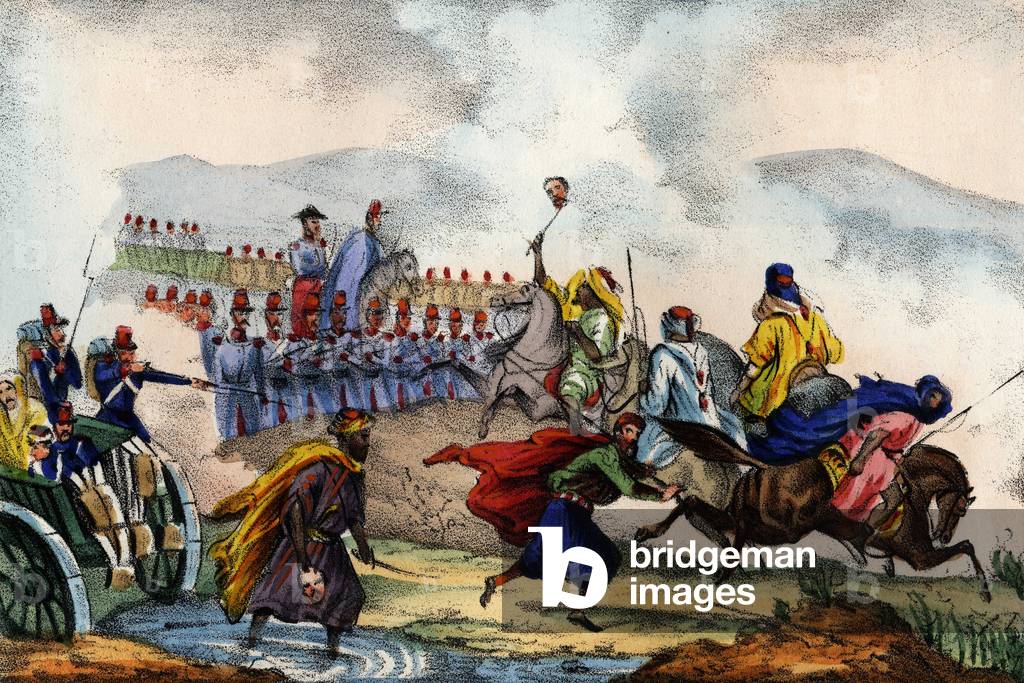 Retirement of the Arabs in front of the square formed by the French army of Africa in Constantine in 1837. In 