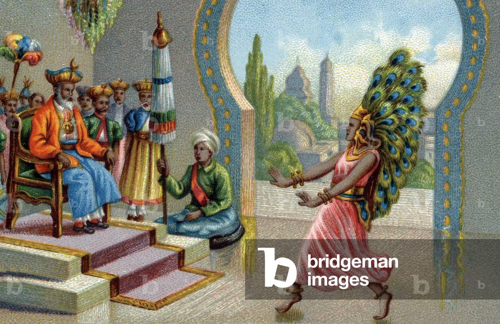 Hindu dancer adorned with peacock feathers: the inhabitants adorn themselves with peacock feathers or make eventails. Chromolithography of the 19th century