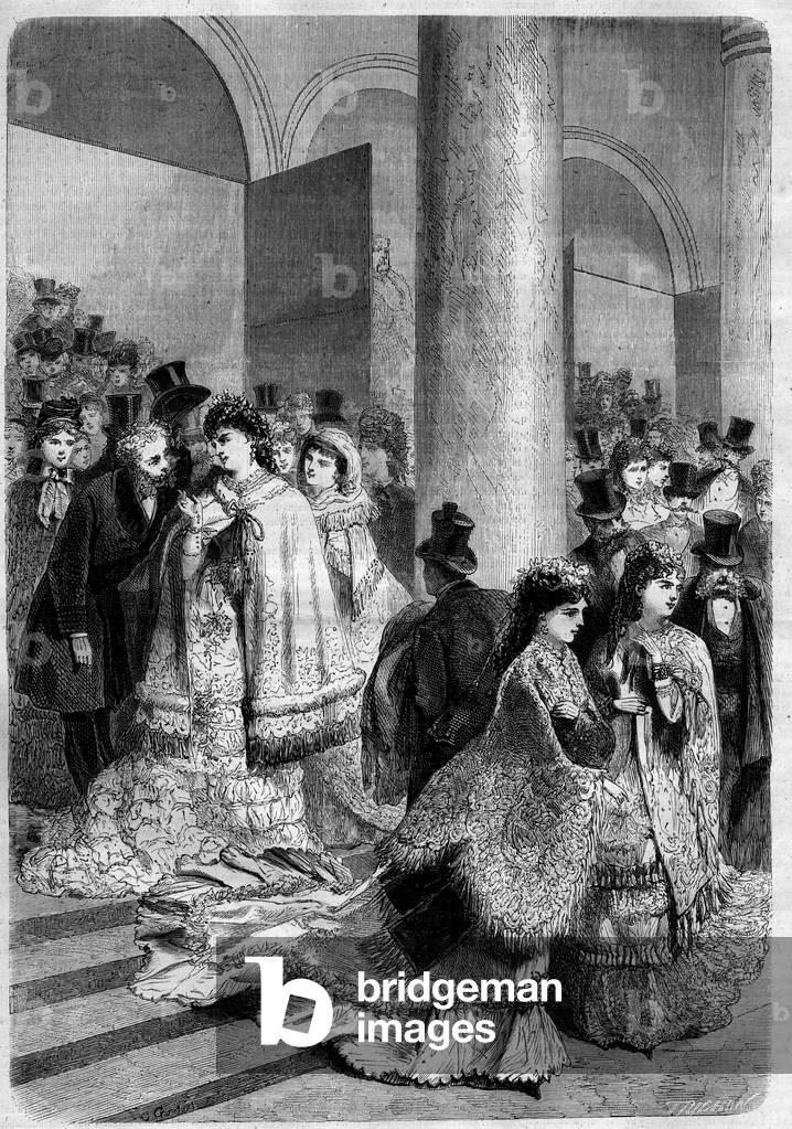 Exit a performance at the boulevard des italiens in Paris. Engraving in “” L'Univers illustrious””, 1872. Private collection.
