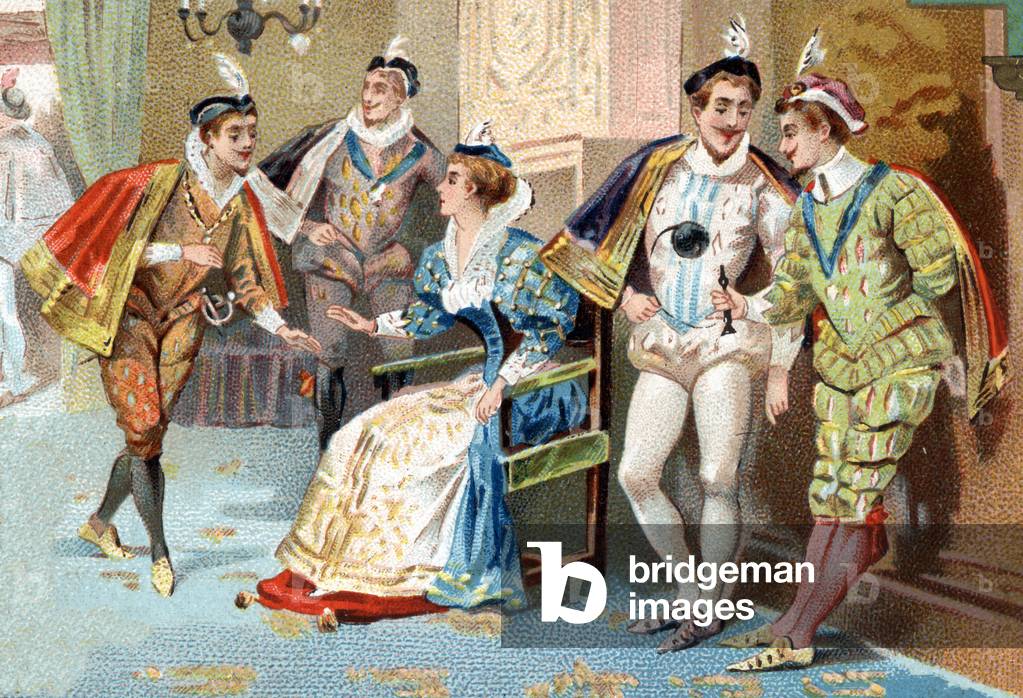 The Palais du Louvre under the reign of Henry III (16th century): young men of the King's Court. Chromolitography of the late 19th century.