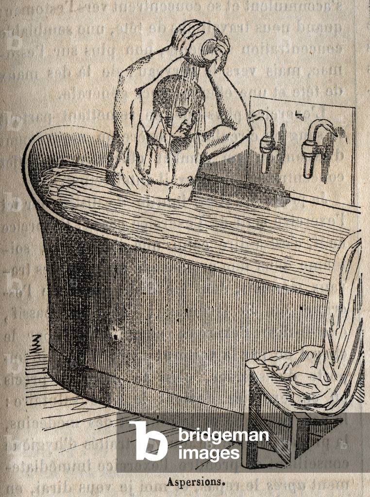 Les gestures du bain - Hygiene au 19th century - man in a bathtub - engraving in “La Sante Universelle - Guide Medical des Familles” 1852