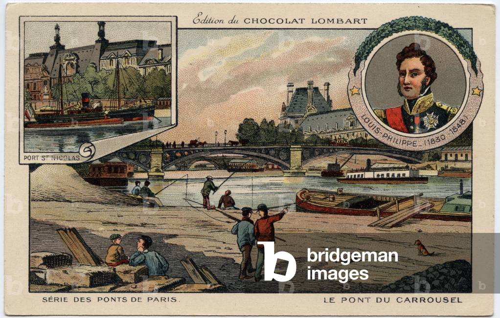 The carousel bridge in Paris in the 19th century. In medallion, portrait of King Louis Philippe I (1773-1850). Chromolithography (Chromo) from the beginning of the 20th century.