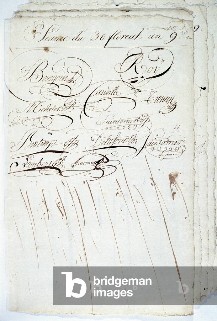 Calligraphy: sheet of the register of the Academic Society of Writing, 30 Floreal an IX, 1801.