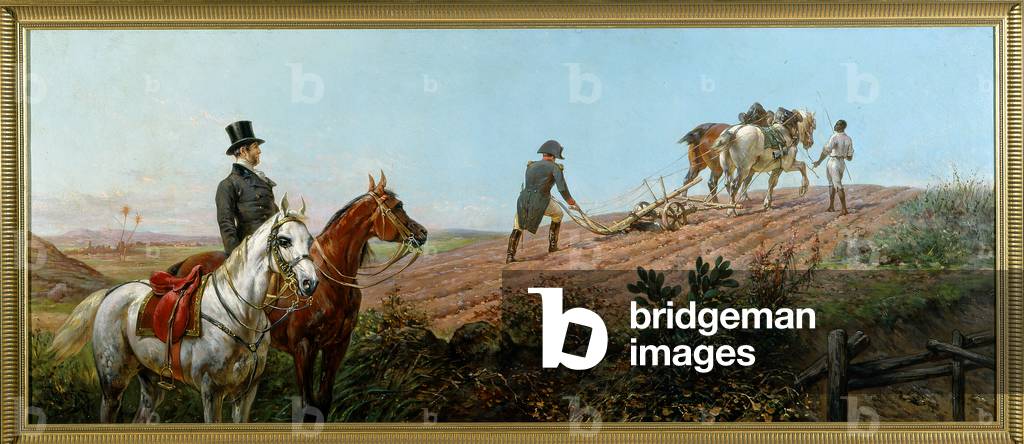 Allegory depicting Napoleon plowing under the supervision of his black servant in St. Helena, oil on canvas by