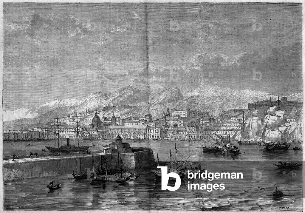 View of the city of Messina (Messina or Missina). Sicily, Italy, 1860. Engraving in “” Le Monde Illustré”” n°165 of 9 June 1860.