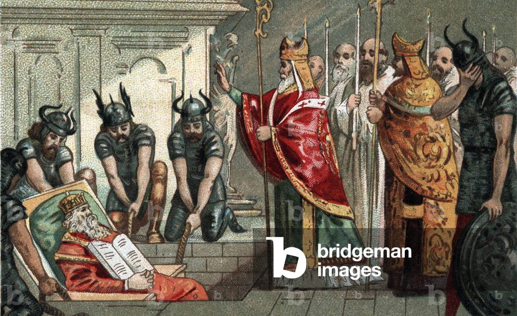 The burial of Charlemagne in 814 in the cathedral of Aachen in Germany. Chromolithography of the late 19th century.