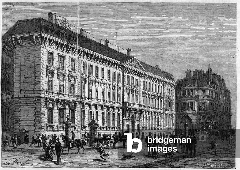 View of the facade of the Banque de France built by Gabriel Cretin (1812-1883) in Paris, rue Croix des petits champs, 1873. Engraving in “” The Illustrious Universe””, 1873.