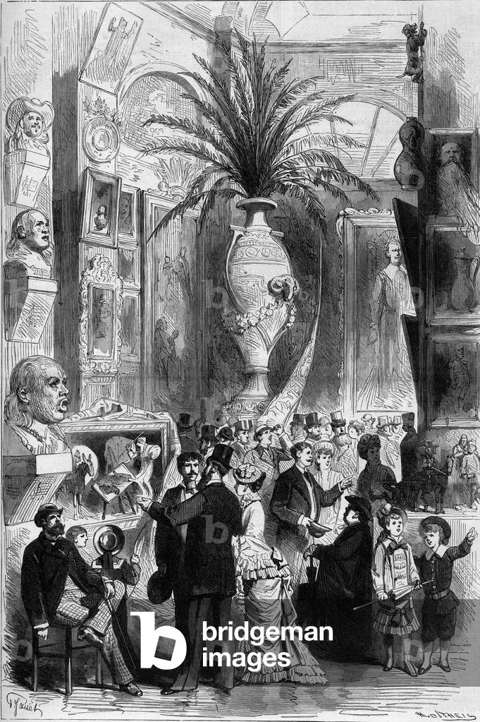 View of “” L'indisposizione di belli arti””, a parody of the exhibition of fine arts organized in Milan in 1881. Engraving by Janet in “” The Illustrous World”” n°1275 of September 3, 1881.