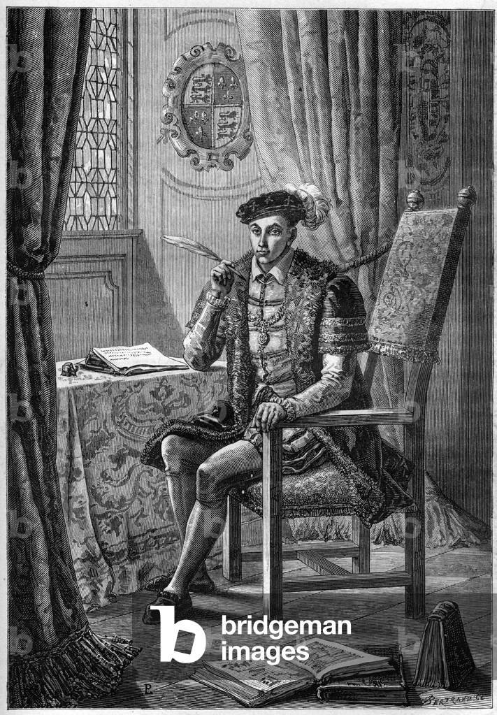 Portrait of Edward VI (1537-53) - Portrait of King Edward VI of England and Ireland (1537-1553) writing his diary - engraving in “L'Histoire d'Angleterre, depuis les temps plus recules” by Francois Guizot 1877