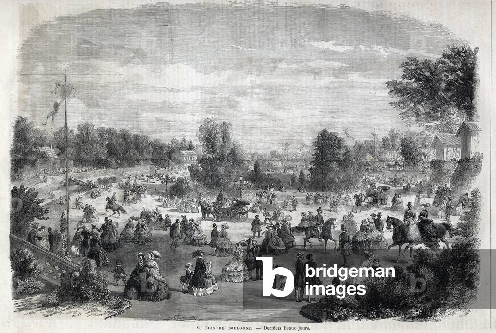 Beautiful days at the Bois de Boulogne in Paris. Engraving in “The Illustrious Universe”, 1864. Private collection.