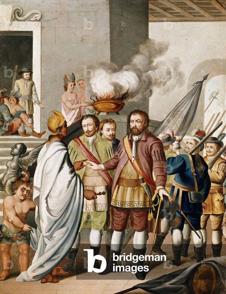 Farewell between Hernan Cortes or Fernand Cortez and Montezuma before his departure, 19th cnetury (painting)