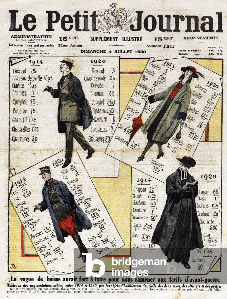 Economy and price evolution: a board retracing the different prices of civilian clothing, priests and officers from 1914 to 1920 (print)
