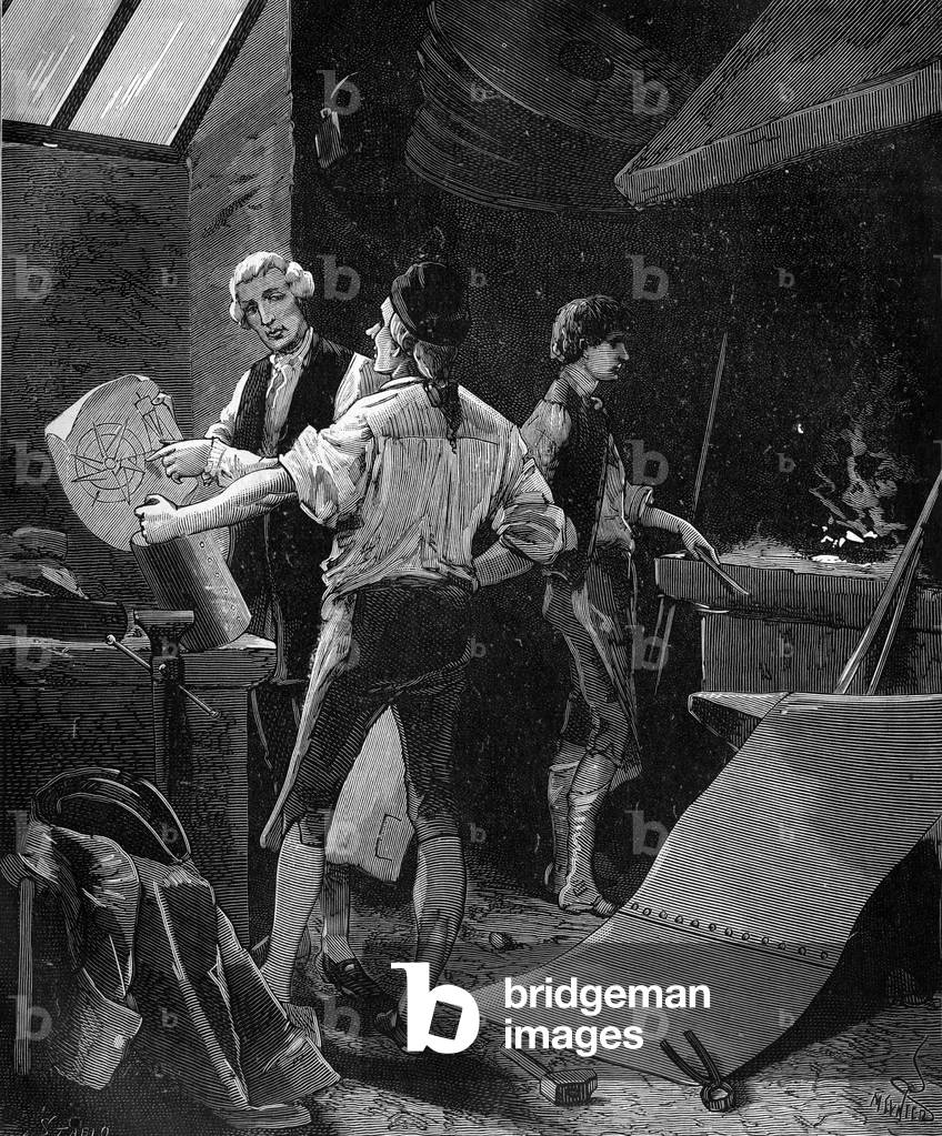 Claude Francois de Jouffroy d'Abbans (1751-1832), French engineer, inventor of the steamboat, preparing the construction of a boat with the collaboration of a boilermaker. in “Histoire populaire des sciences, inventions et discoverés depuis les premiers centuries à nos jours” by Bitard Adolphe 1880.