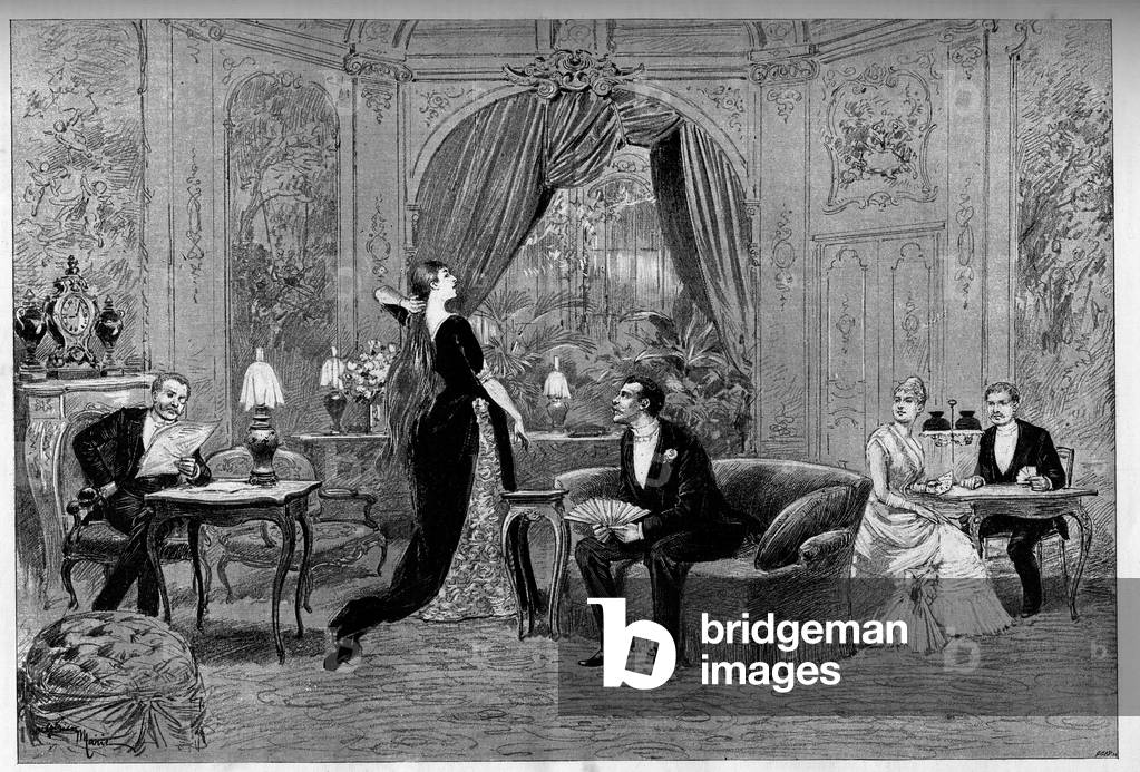 The Count of Riverolles, Francine, Stanislas de Grandredon, Therese Smith and Henri de Simeux, characters of the play “” Francillon”, comedy by Alexandre Dumas (1824-1895) played at the Comedie-Francaise (1887) in Paris. Engraving in “” Le monde illustrious””, 1887. Private collection.