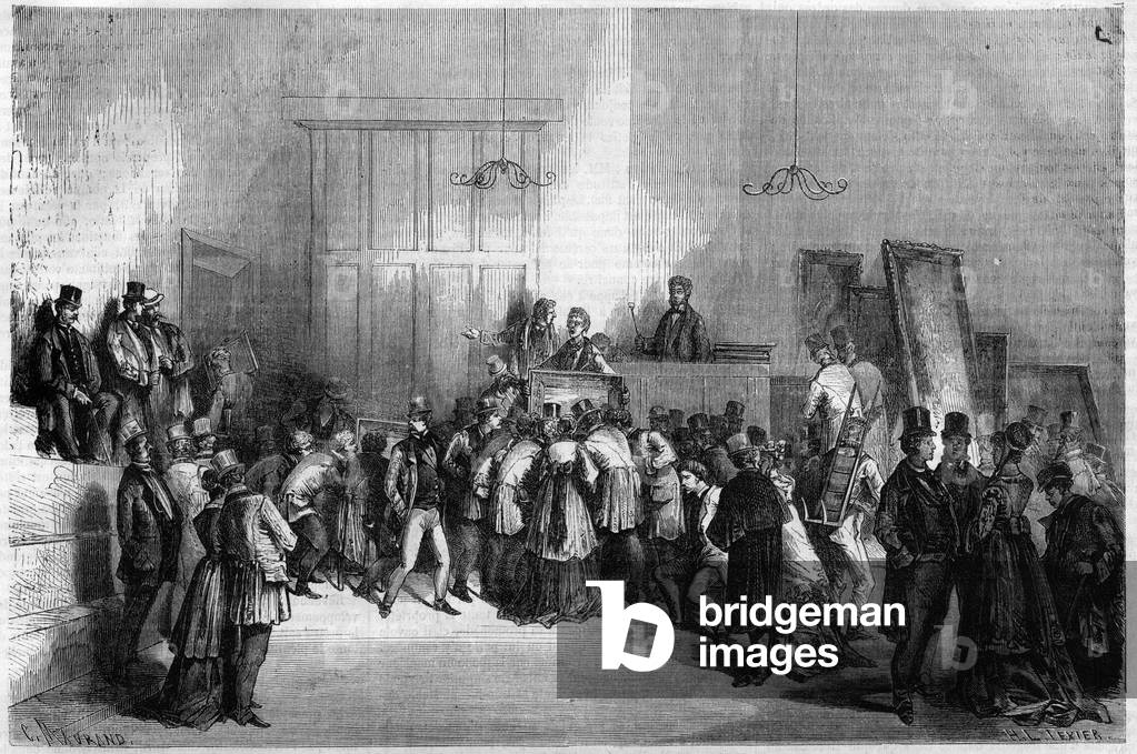 Auction room in Paris: Sale of paintings at the hotel of auctioneers (auctioneers or auctioneers). Engraving in “” The Illustrious Universe””, 1868. Private collection.