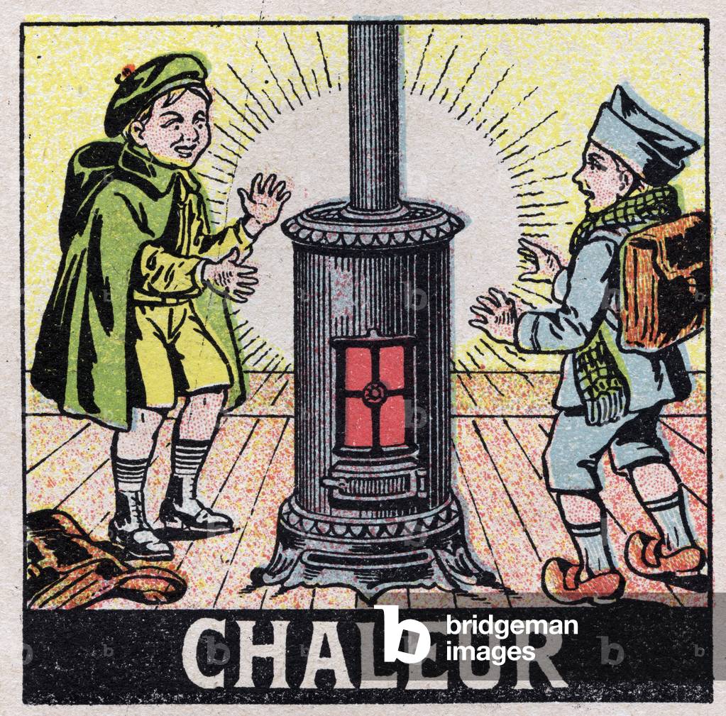 Ether (material): two children heated by the heat of a stove. Anonymous illustration from 1925. Private collection.