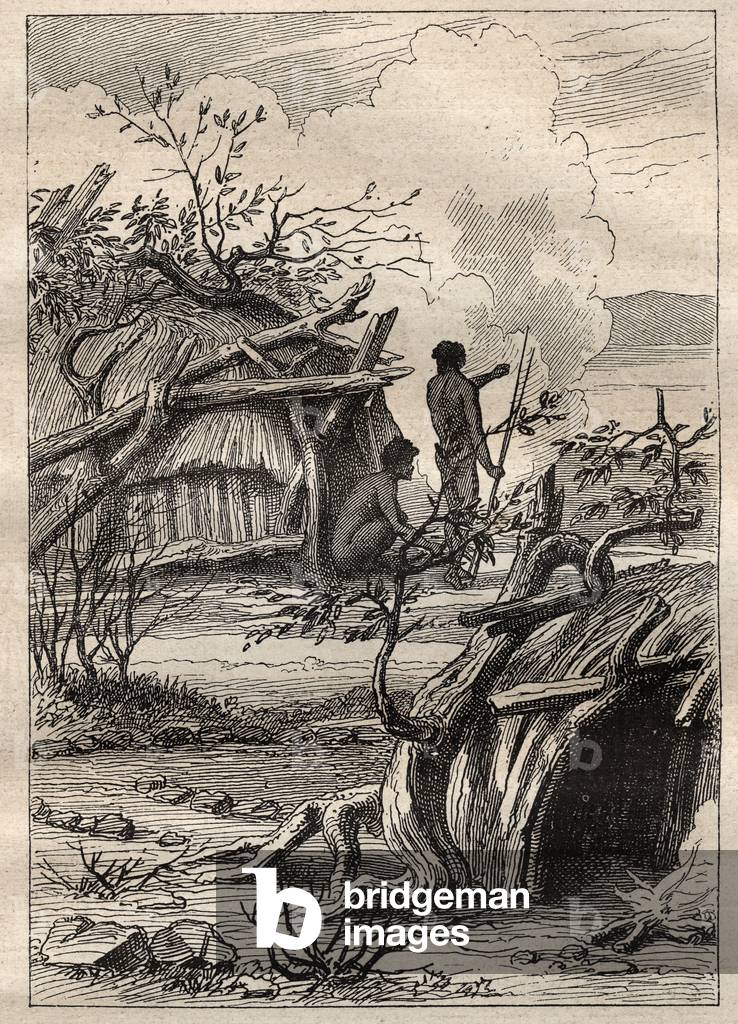 The expedition around the world (1790-1792) by Captain Etienne Marchand (1755-1793): indigenous cabins of the land of Enddacht (Australia) - illustration taken from “The Great Mariners of the 18th century””, 1879 - 1 of the 3 volumes of the “Histoire generale des grands voyages et des grands voyageurs” by Jules Verne