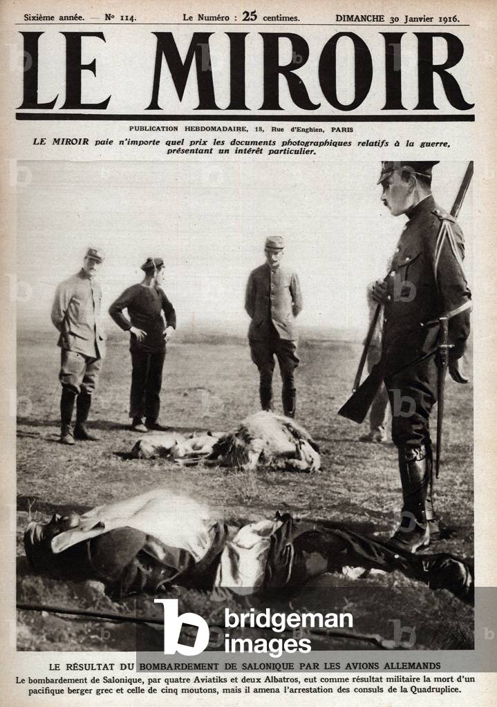 First World War (1914-1918): death of a Greek shepherd and his sheep after the bombing of Saloniki (Thessaloniki) by German air force, 1916 (photo)
