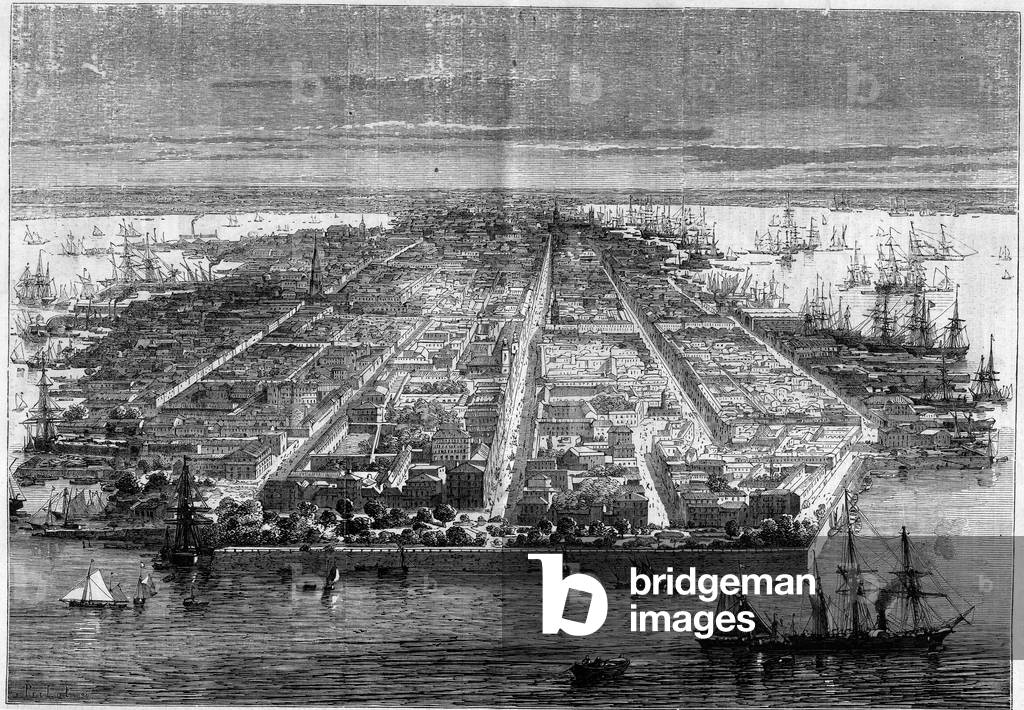 City view of Charleston, South Carolina, United States, 1862. Engraving in “” Le Monde Illustré”” n°250 of January 25, 1862.