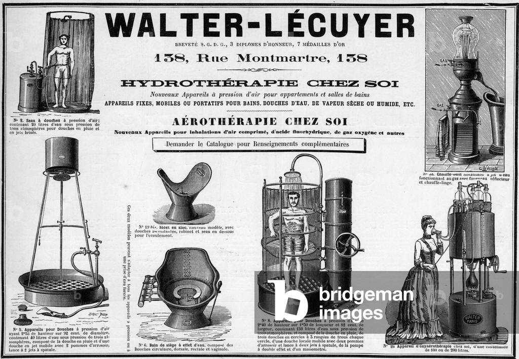 Advertising of 1889 for mobile fixtures for baths, water showers, dry or wet steam, bidet, brand Walter-Lecuyer (engraving)
