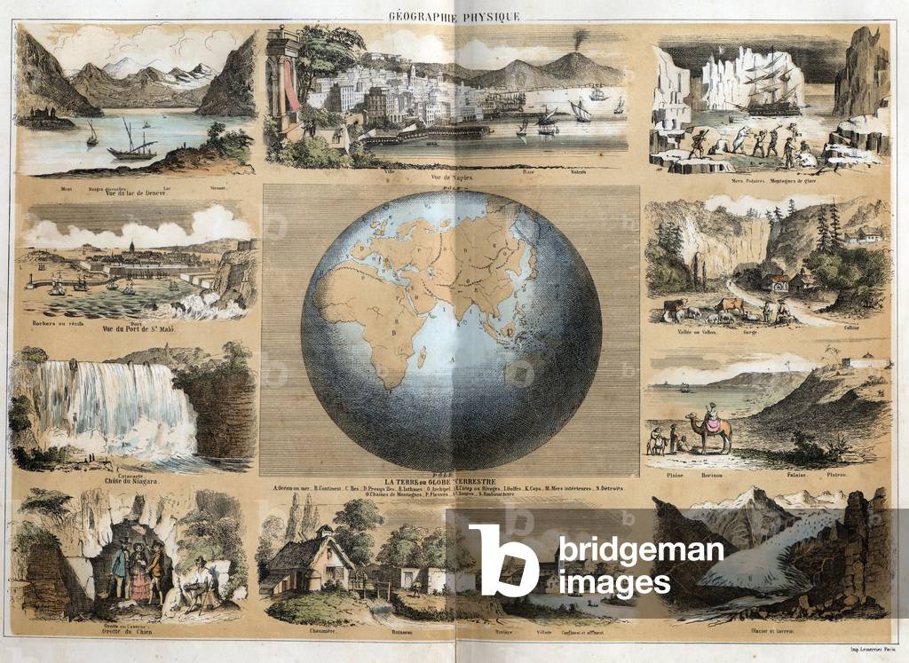 Description of the different types of landscapes and reliefs depending on the geography, 1860 (engraving)