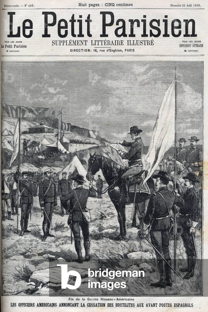 End of the Spanish-American War (American Hispano) in 1898. American officers announcing the cessation of hostilities at the Spanish outposts. Engraving in “” Le petit parisien”” from 1898.