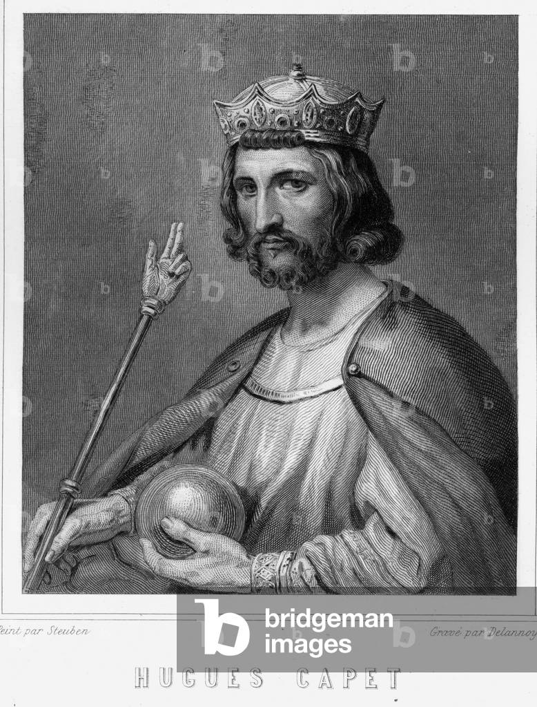 Portrait of Hugues I Capet (v. 941 - 996), Duke of France and then King of France - in “Histoire des Français”” by Lavallée, engraving, sd., 19th century.