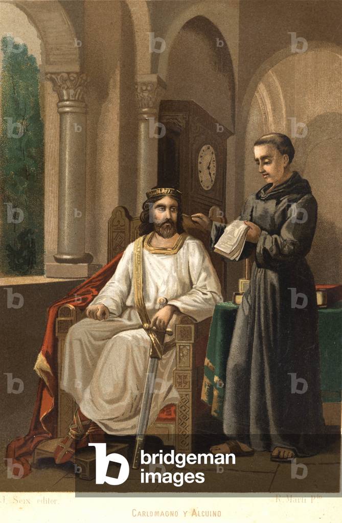 Charlemagne (747-814), King of the Franks and Emperor of the West, and Alcuin (ca. 781). after “La Ciencia y sus Hombres”” by Louis Figuier. Barcelona 1881