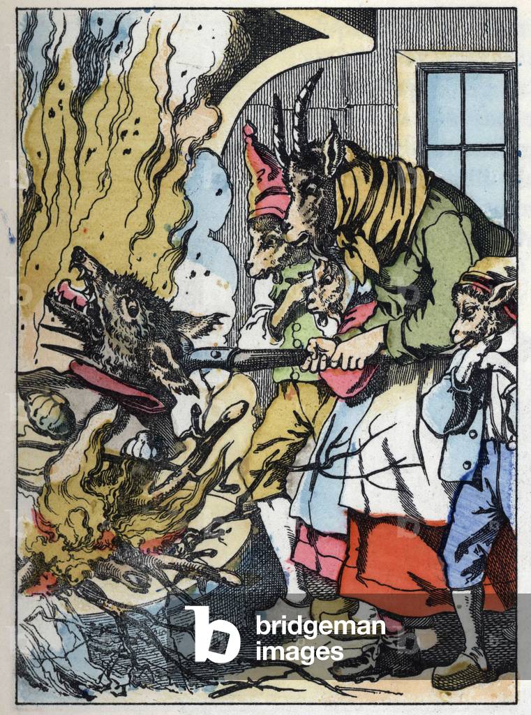 The goat kills the wolf in the chimney. Illustration of the tale “Compere le Loup, Maitre Renard, Comere la Chevre et ses petits biquets”” after a fable by Jean de la Fontaine. In “” Tales from the home for the little ones””. Anonymous engraving of the 19th century.