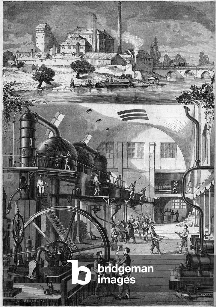 Exterior view and main workshops of the large sugar refinery Les Recollets, owned by Mr. Cedard in Nantes in 1