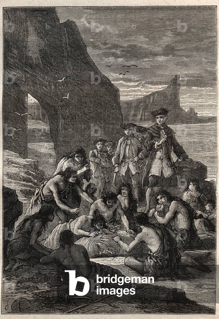 One of them decoupled with the teeth: Vice-Admiral John Byron (1723-1786) on one of the islands of the Detroit of Magellan - the Fuegians (inhabitants of Tierra del Fuego) decoupe with their teeth a whale that had been torn and petrified on the beach - illustration from “The Great Mariners of the 18th century”, 1879 - 1 of the 3 volumes of the “” General history of the great travel and frequent travelers”” by Jules Verne