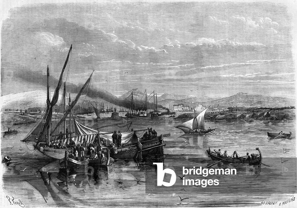 General view of the Piree, Athenes Harbour, 1869. Engraving in “” Le Monde Illustré”” n°615 of 23 January 1869.