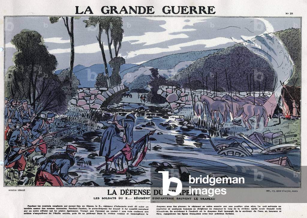 War 1914-1918: A French soldier saves the flag during the fighting in Alsace in 1914. ” La Grande Guerre