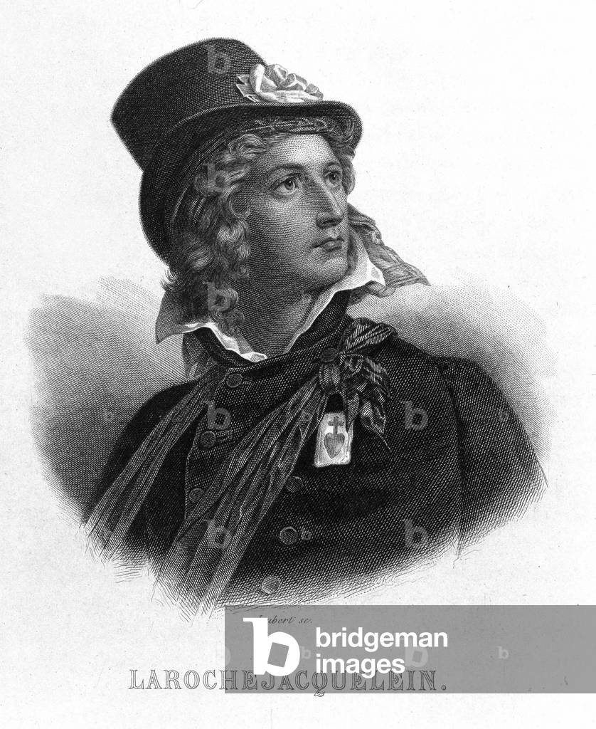 Portrait of Henri du Vergier, Count of La Rochejaquelein (or Verger de La Rochejacquelein) (1772-1794). It has on the chest the insignia of the vendors. - in “” Revolution francaise”” by Thiers. 19th century