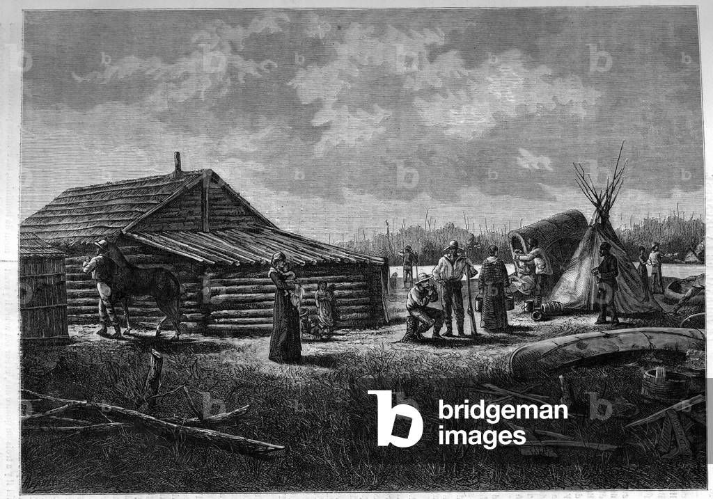 Franco-Canadian Metis Village in Canada. Engraving in “Le journal de la jeunesse”, 1885.