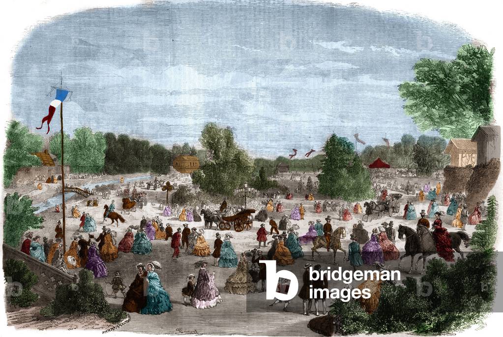 Beautiful days at the Bois de Boulogne in Paris. Engraving in “The Illustrious Universe”, 1864. Private collection.